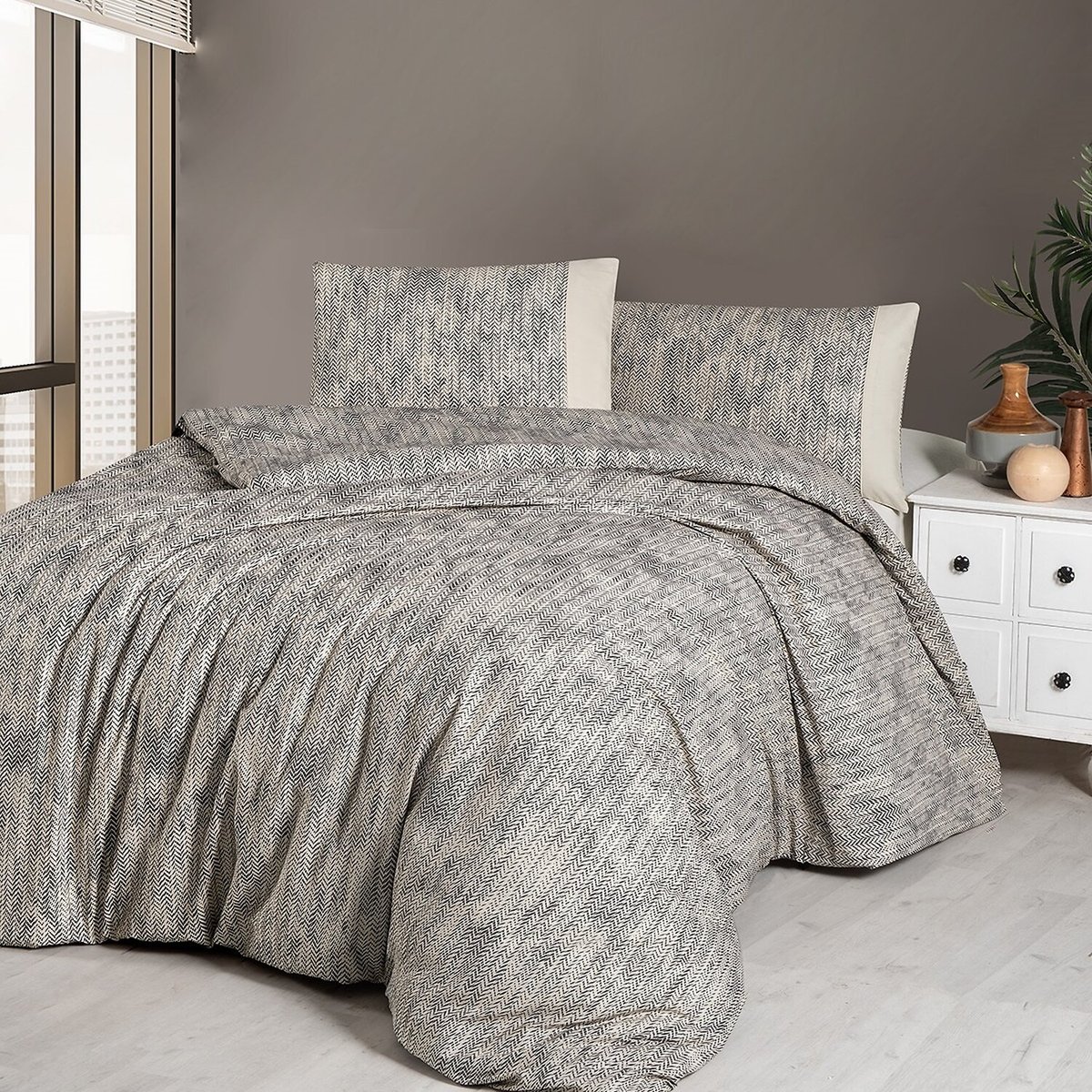 Parure housse de couette 100% coton imprimé "effect gris" multicolore, C DESIGN HOME TEXTILE