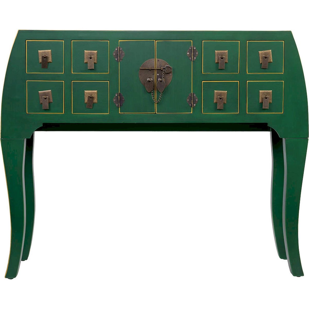 Console art déco rectangulaire en métal 8 tiroirs 2 portes vert art déco patiné, RECOLLECTION