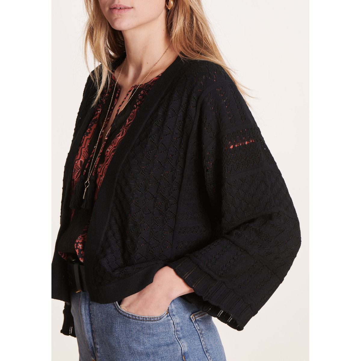 Gilet court ouvert à manches longues noir, LA FEE MARABOUTEE
