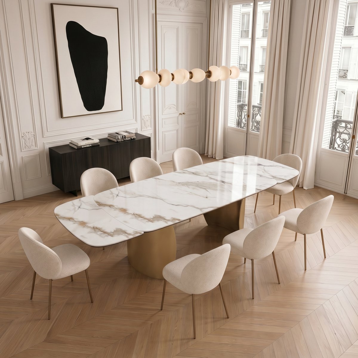 Table à manger extensible 8 personnes en céramique CAMELIA marbre blanc, SIA HOME