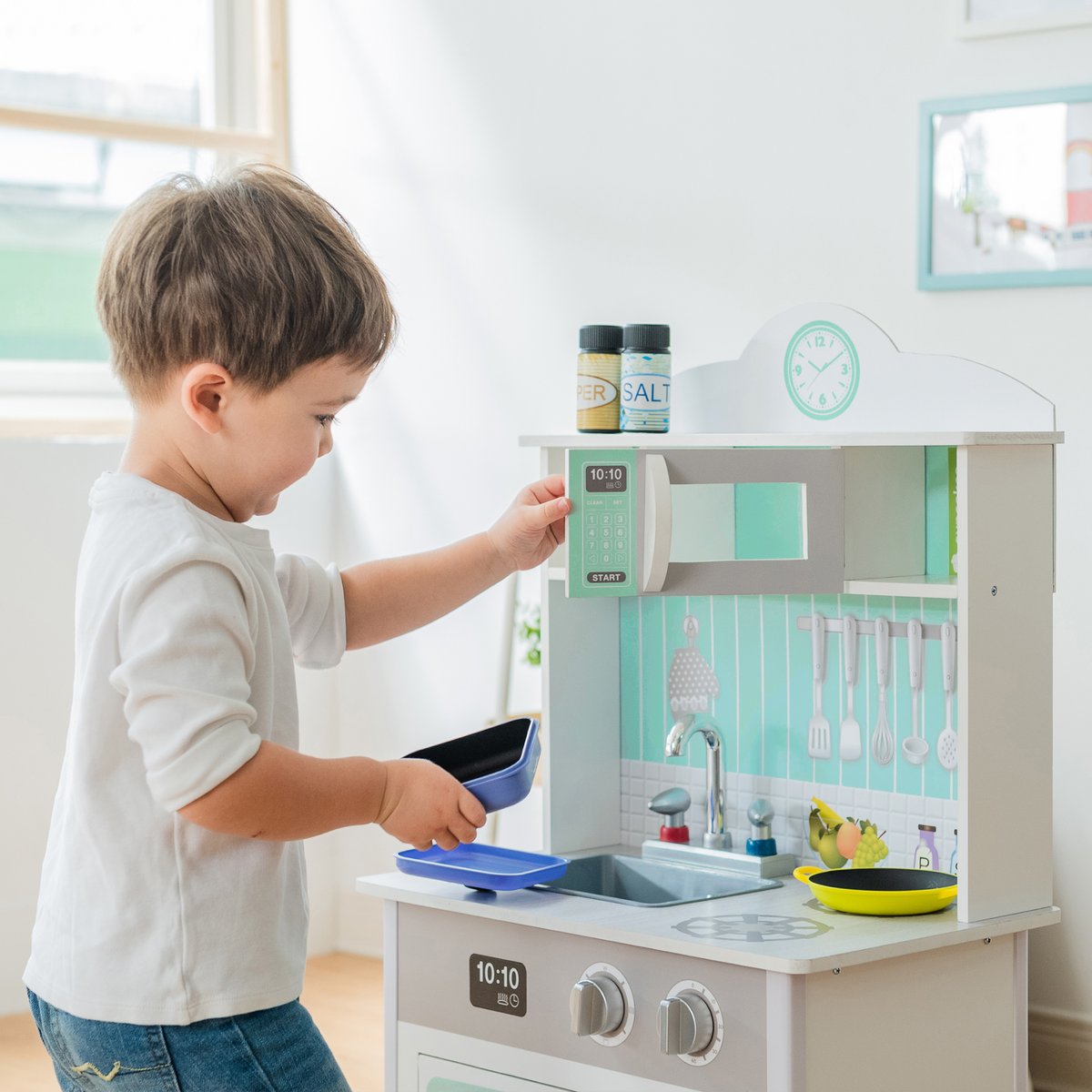 Cuisine Enfant avec évier, four et rangements, Bois, LITTLE CHEF gris, TEAMSON KIDS