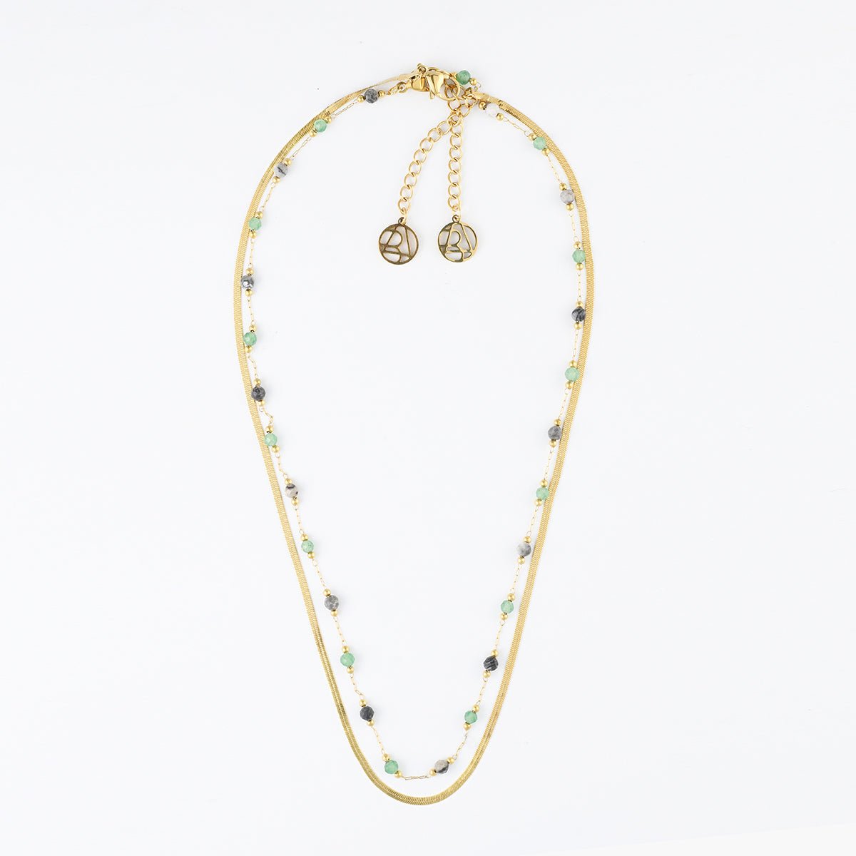 Set x2 colliers chaine miroir acier inoxydable et pierre d'Aventurine couleur unique, BALABOOSTE