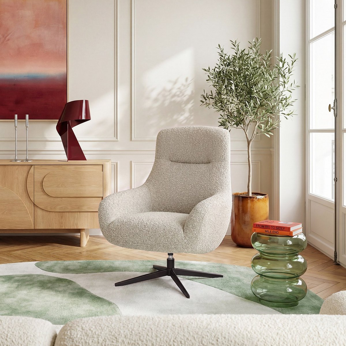 Fauteuil droit polyester MAEVE crème, HABITAT