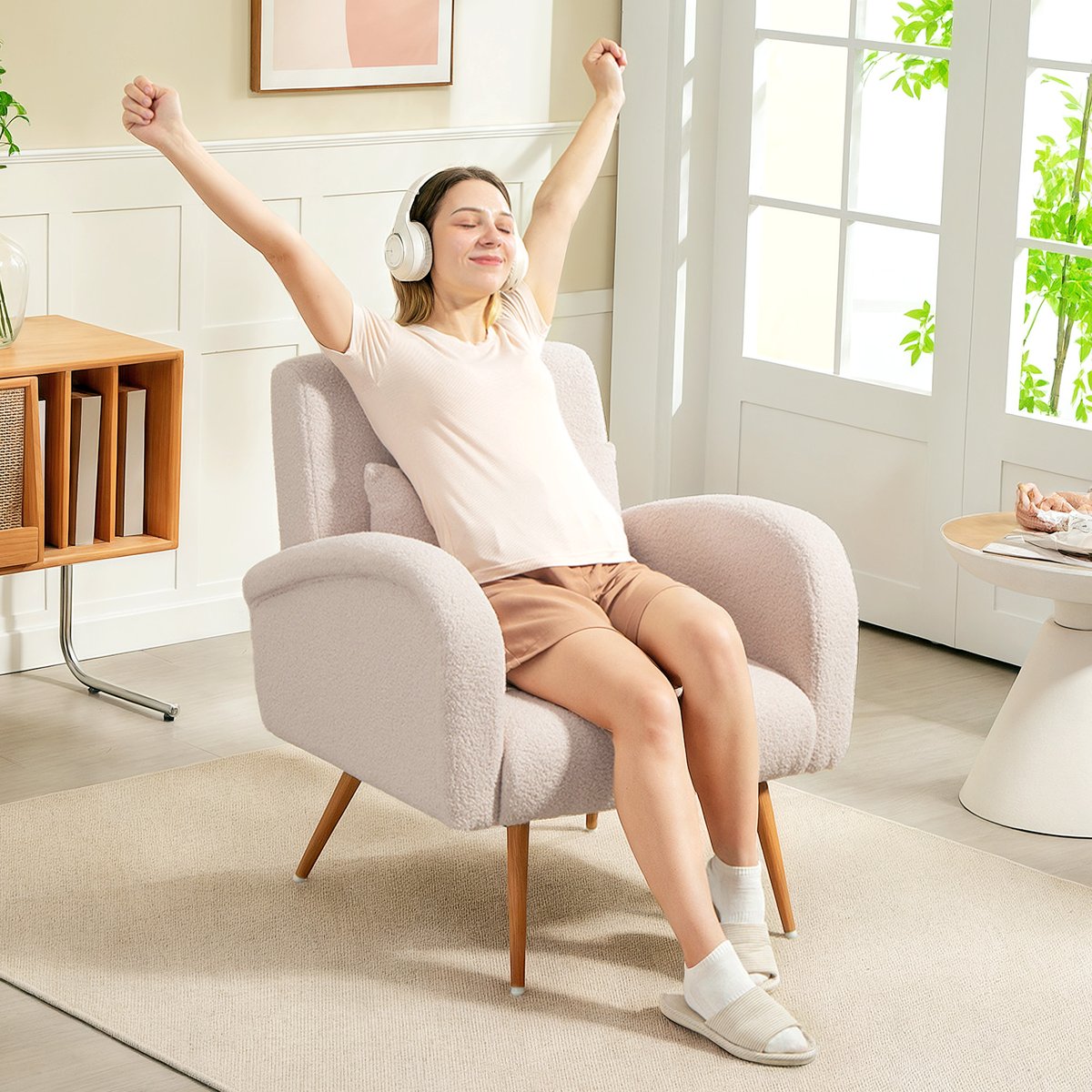 Accent Chair Tissu peluche teddy Beige beige, HOMCOM