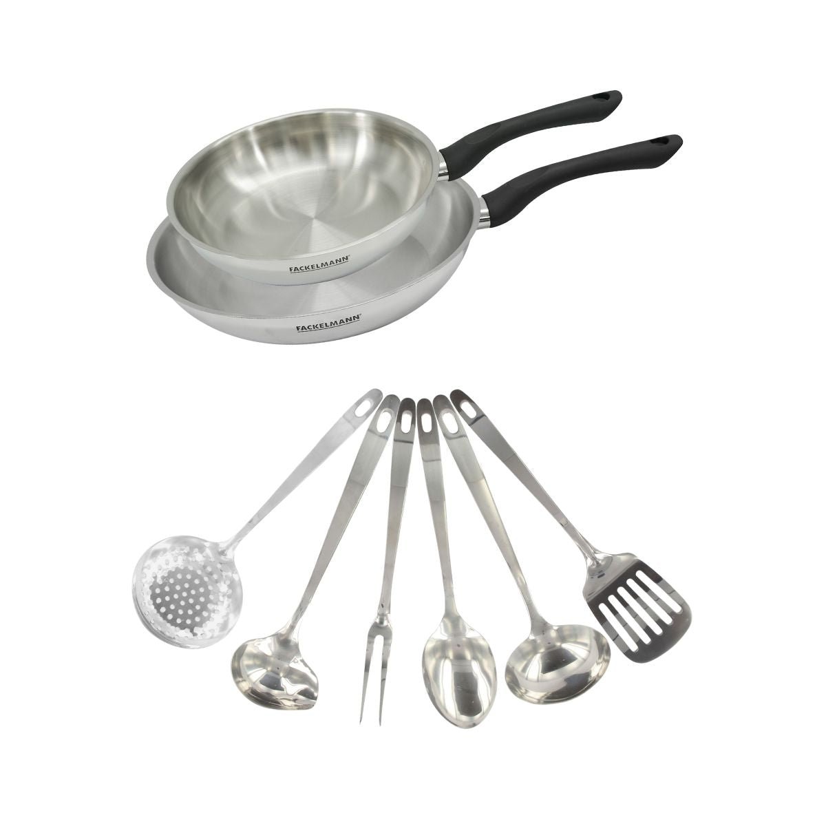 Set 2 poêles 20 et en inox et 6 ustensiles inox GENEVA inox|noir, FACKELMANN
