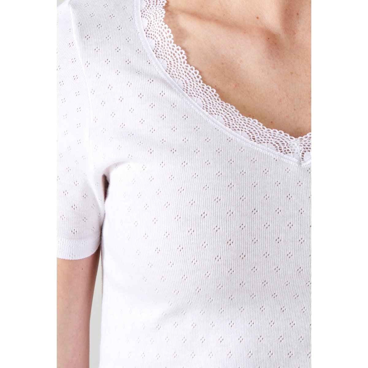 Lot de 2 t-shirts maille jacquard et dentelle blanc, DAMART
