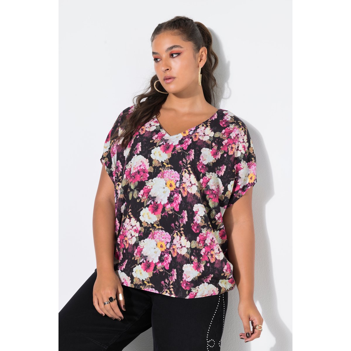 Chemisier ample, motif hortensias rose vif fuchsia, STUDIO UNTOLD