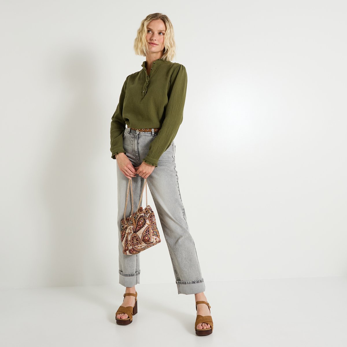 Blouse en gaze de coton vert kaki, GRAIN DE MALICE