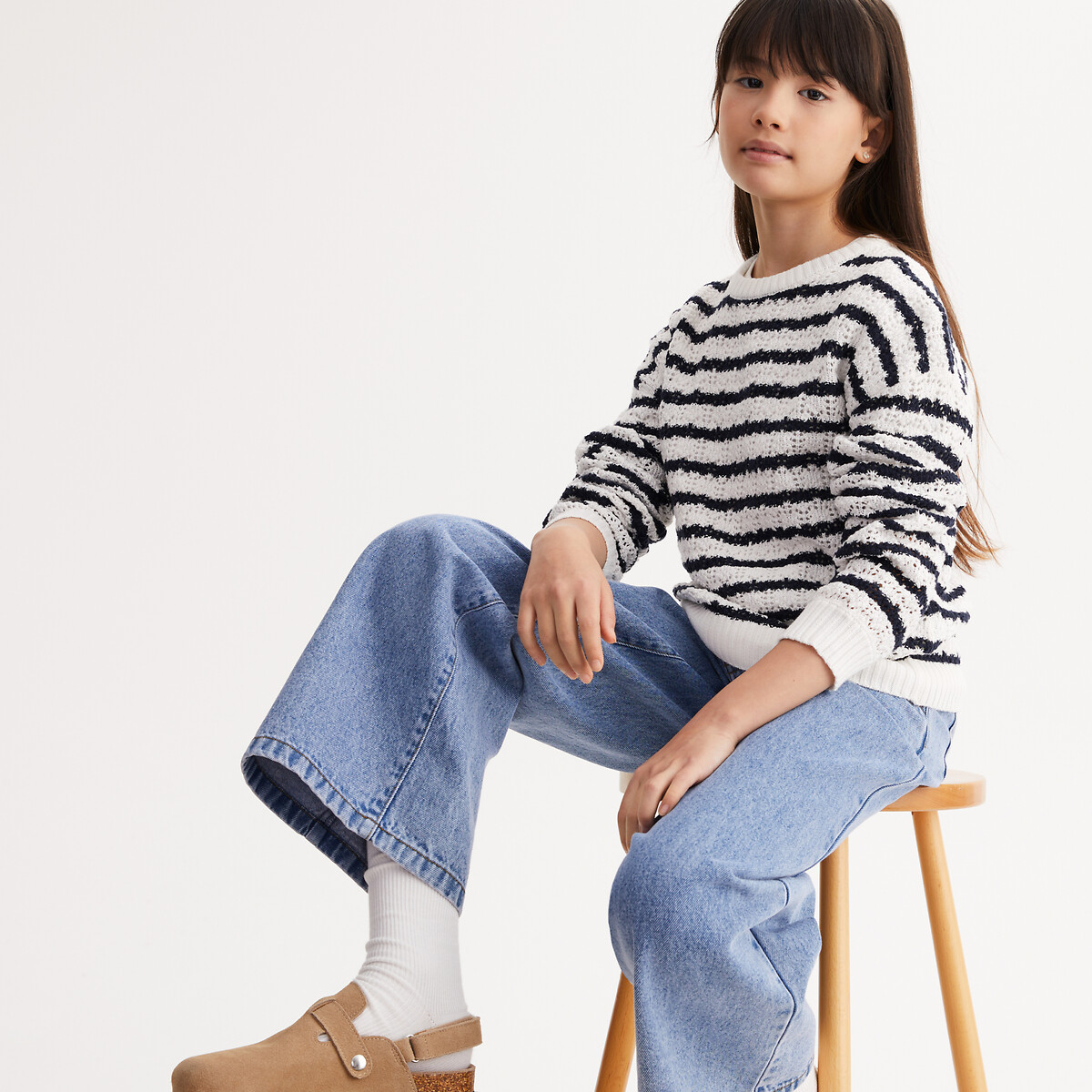 Striped Crew Neck Jumper in Fine Pointelle Knit ecru/navy striped, LA REDOUTE COLLECTIONS