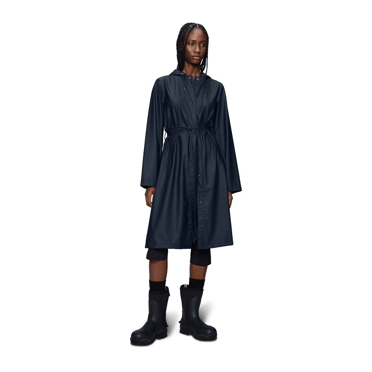 Imperméable long à capuche et ceinture, A-LINE bleu marine, RAINS