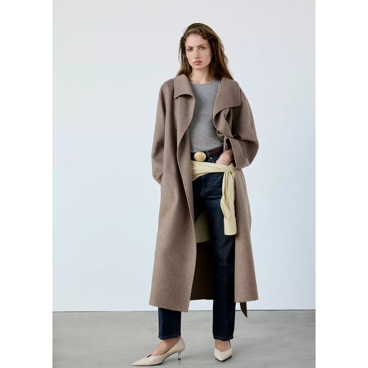 Manteau laine fait à la main ceinture marron moyen, MANGO
