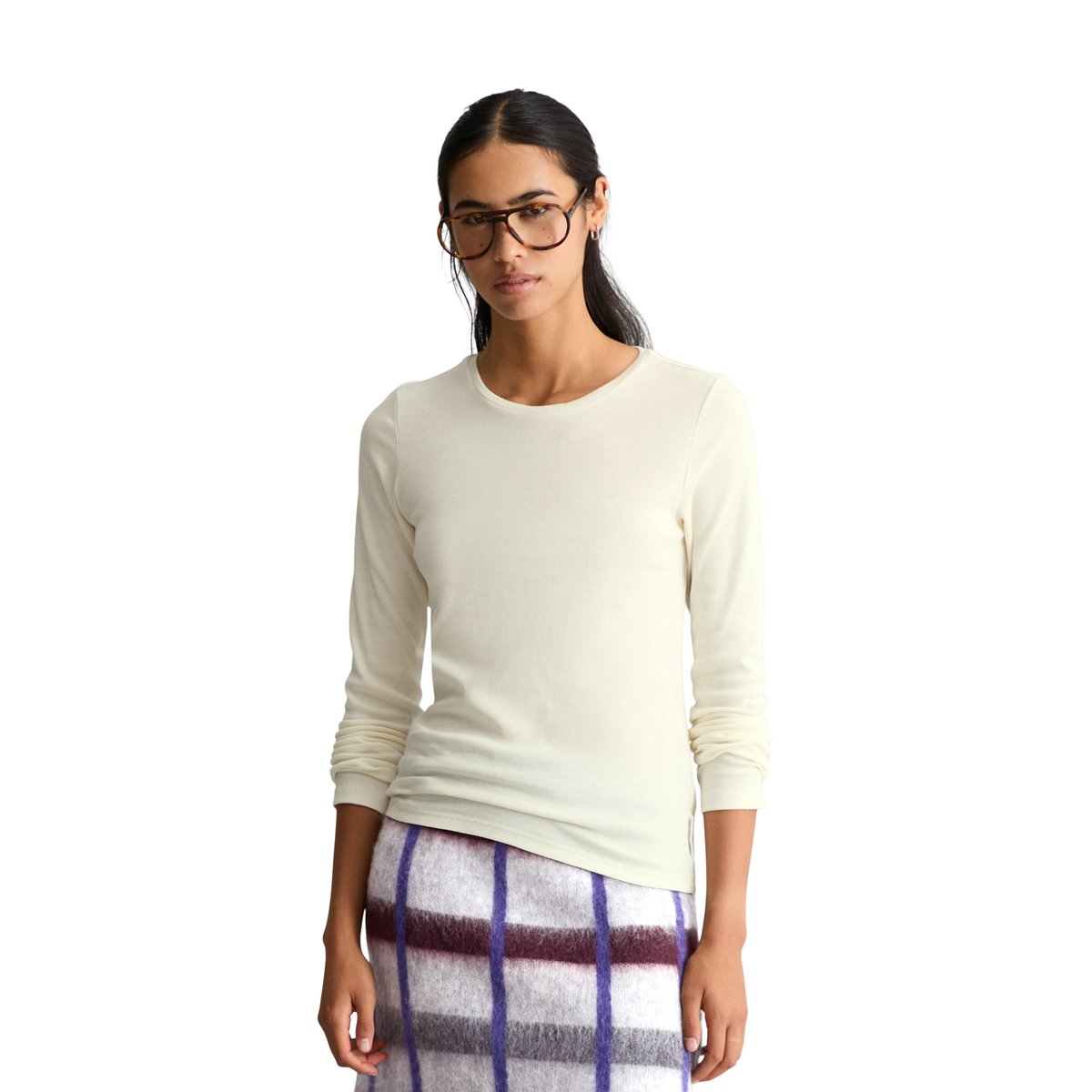 T-shirt long slim en jersey côtelé doux blanc, MARC O’POLO DENIM