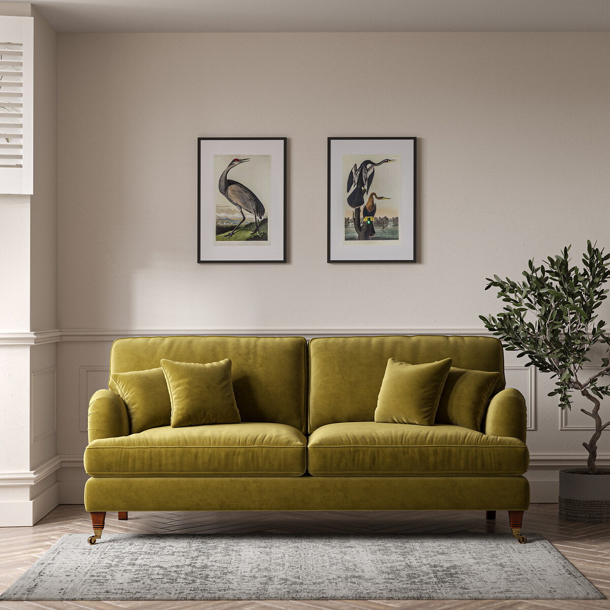 Emeline Velvet 4 Seater Sofa with Castor Legs olive, ÉDITÉ