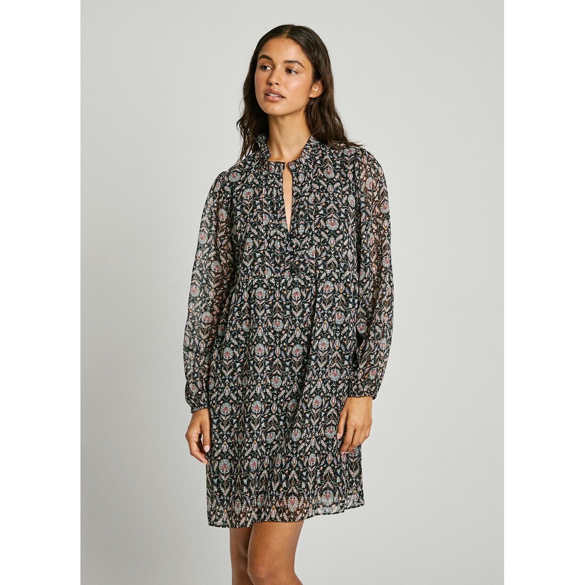 Robe fluide, manches longues en voile, col tunisie noir, PEPE JEANS