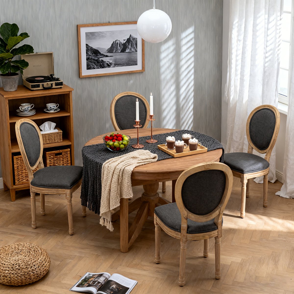Lot de 4 chaises style classique à dossier ovale, KOAFAB gris foncé, MEUBLES COSY