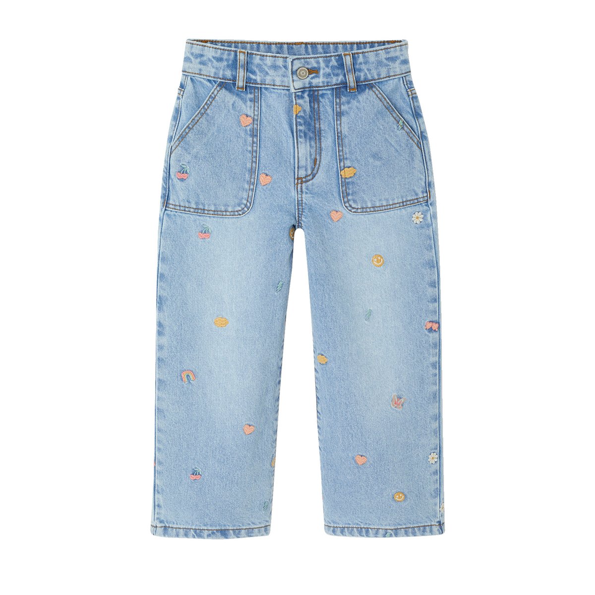 Jean large brodé motifs fantaisie bleu clair, VERTBAUDET