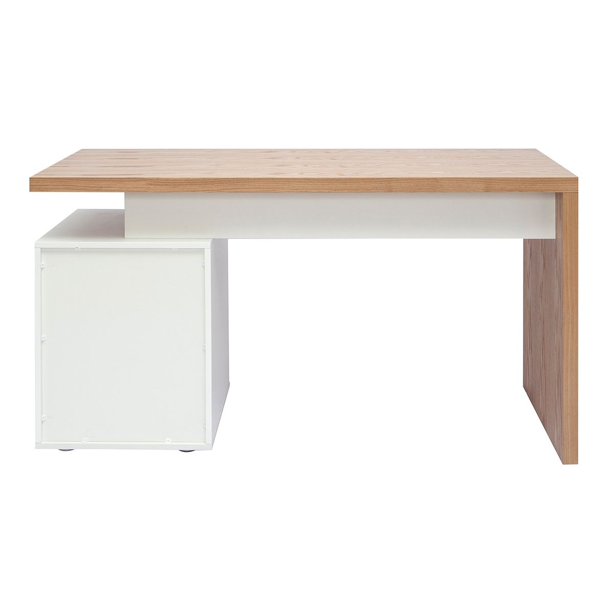 Bureau avec rangements 3 tiroirs design blanc laqué brillant L140 cm CALIX chêne clair, MILIBOO