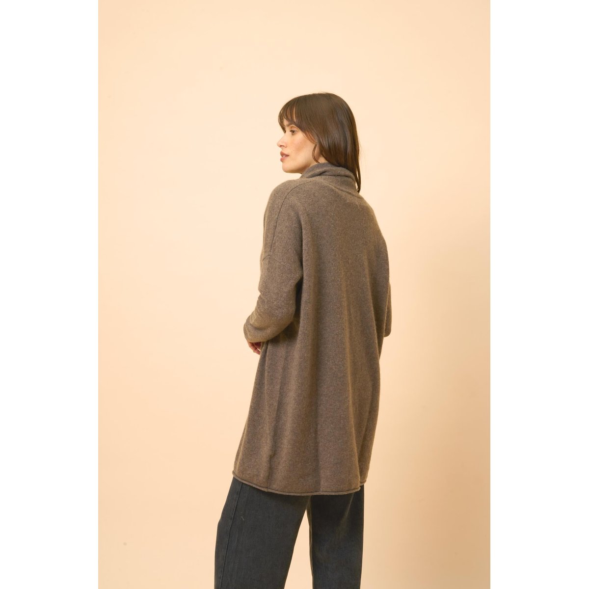 Gilet Long Ouvert Col Châle Taupe Chiné Maddie marron, JUST CASHMERE