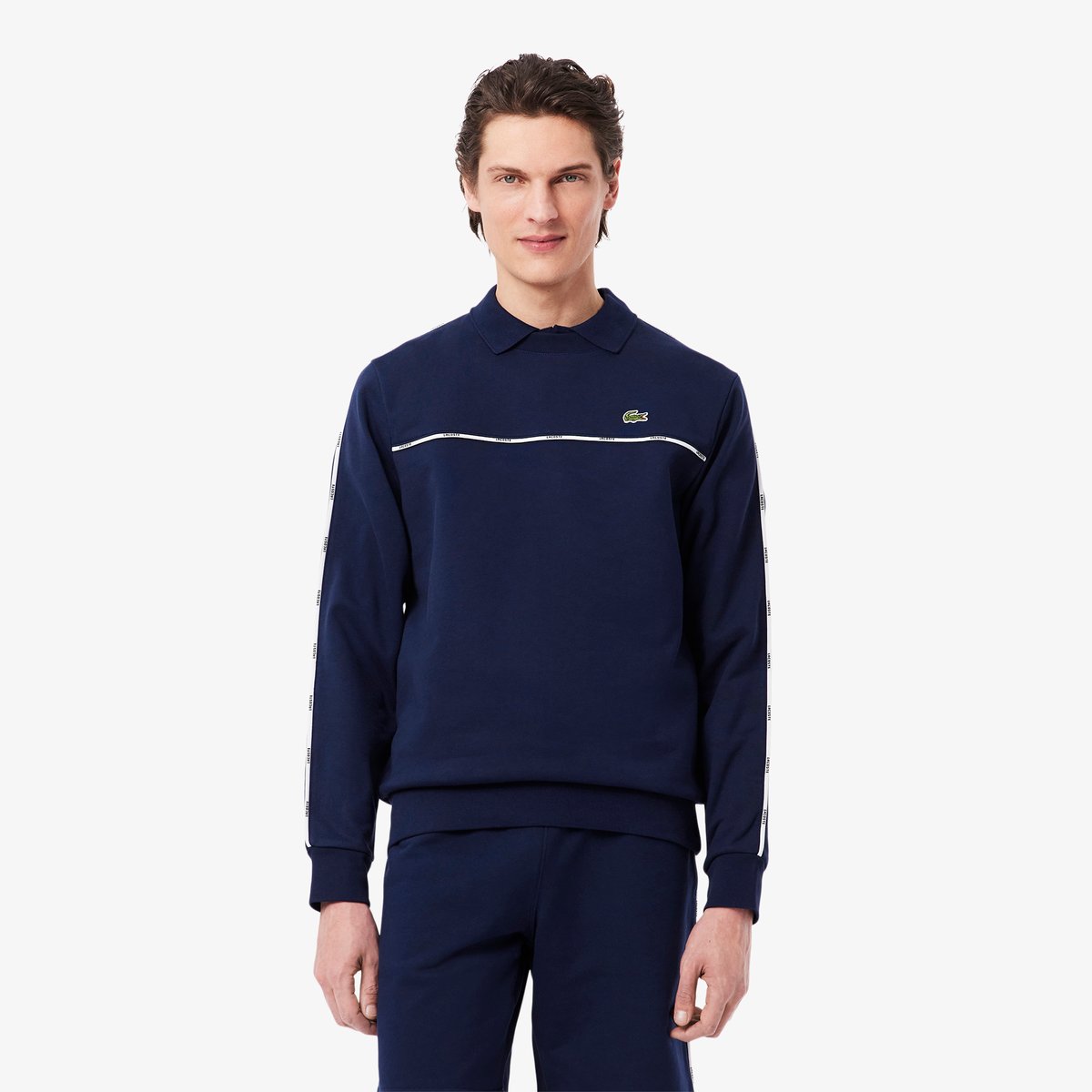 Sweatshirt molleton liserés griffés bleu-166, LACOSTE