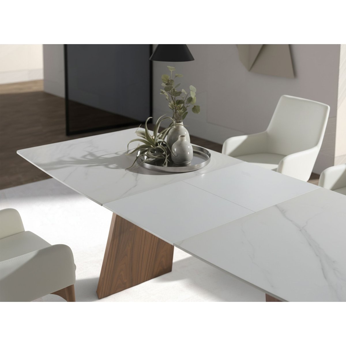 Table à manger à rallonge baril ovale marbre porcelaine et noyer blanc | noyer, ANGEL CERDA