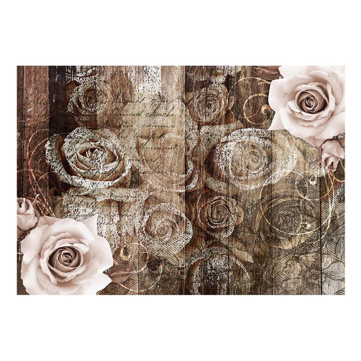 Papier peint intissé panoramique Old Wood & Roses rose, EDEN