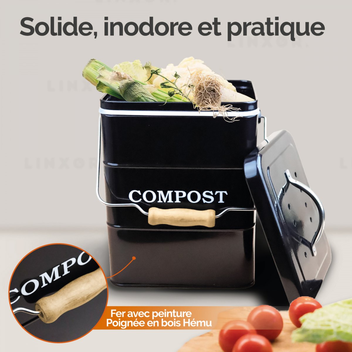 Composteur de cuisine rectangle noir, LINXOR