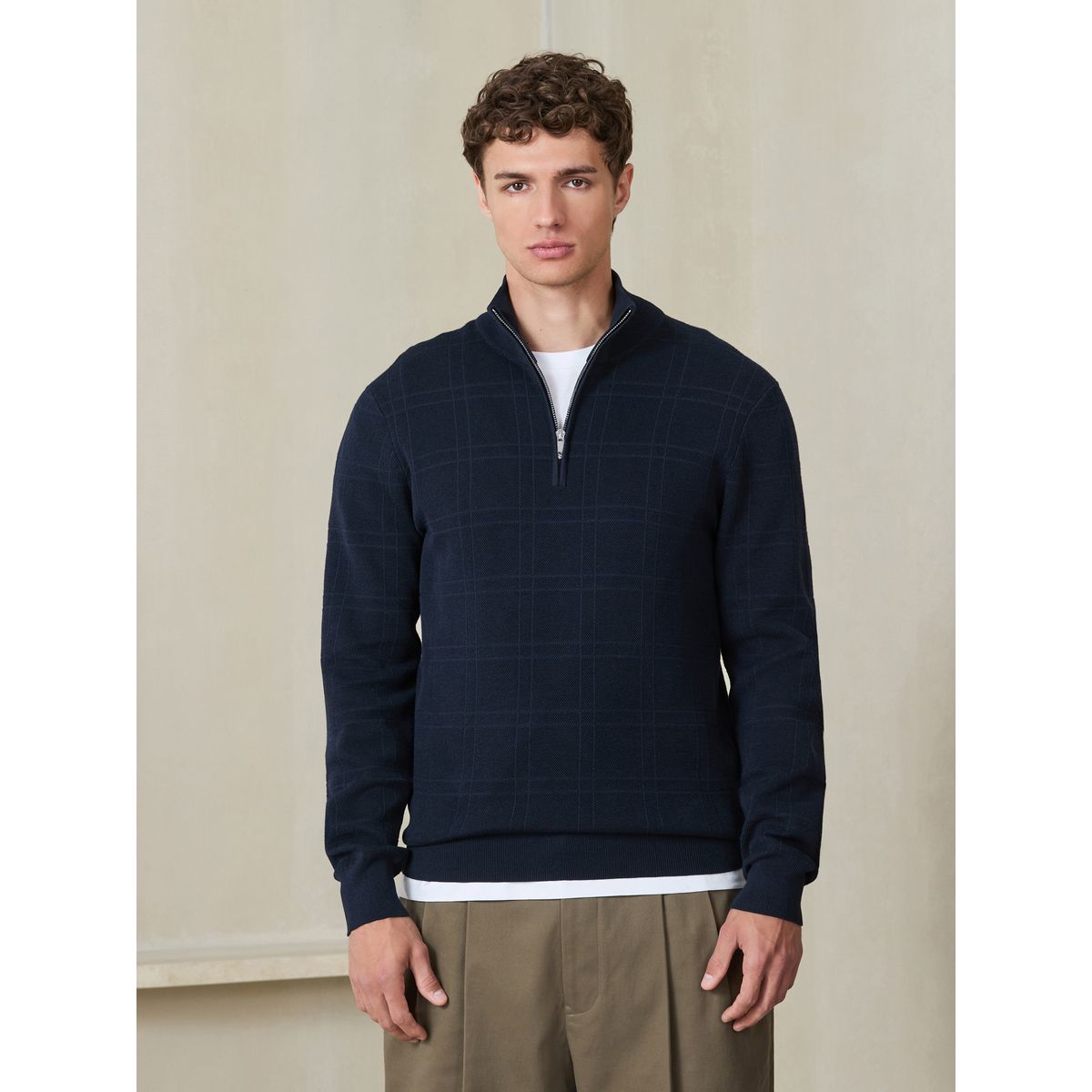 Pull à col zippé et carreaux texturés bleu marine, NEXT