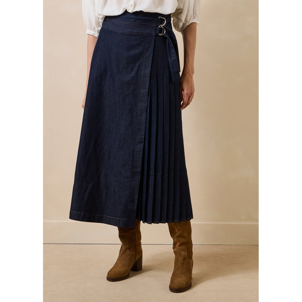 Jupe midi portefeuille en denim brut, LA FEE MARABOUTEE