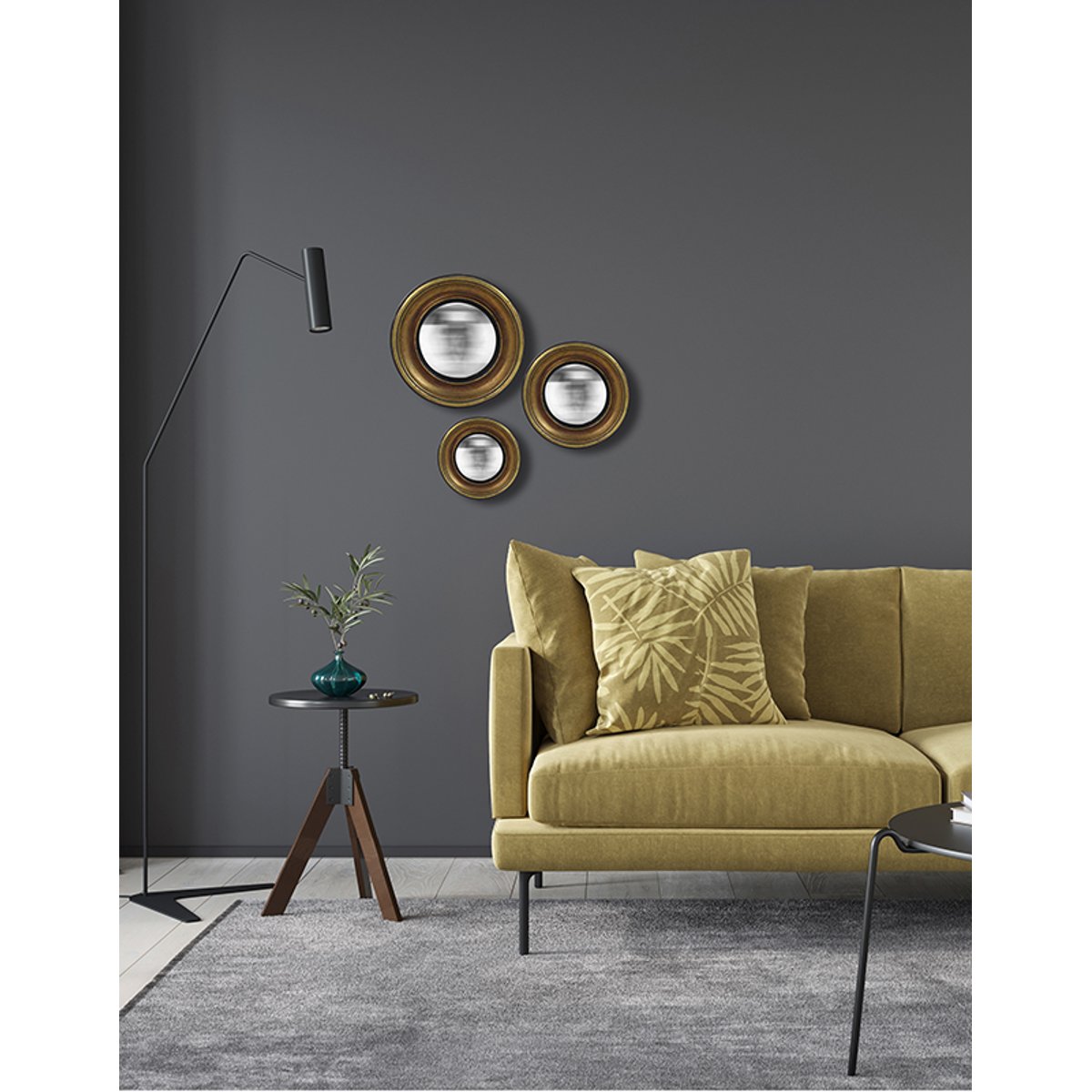 Lot de 3 miroirs ronds convexes 16, 19, 23cm or, EMDE