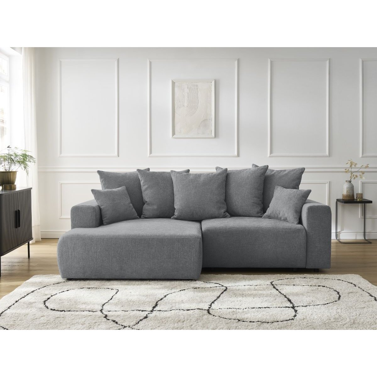 Canapé d'angle convertible 4 places en tissu texturé, ATILLA gris foncé, BOBOCHIC