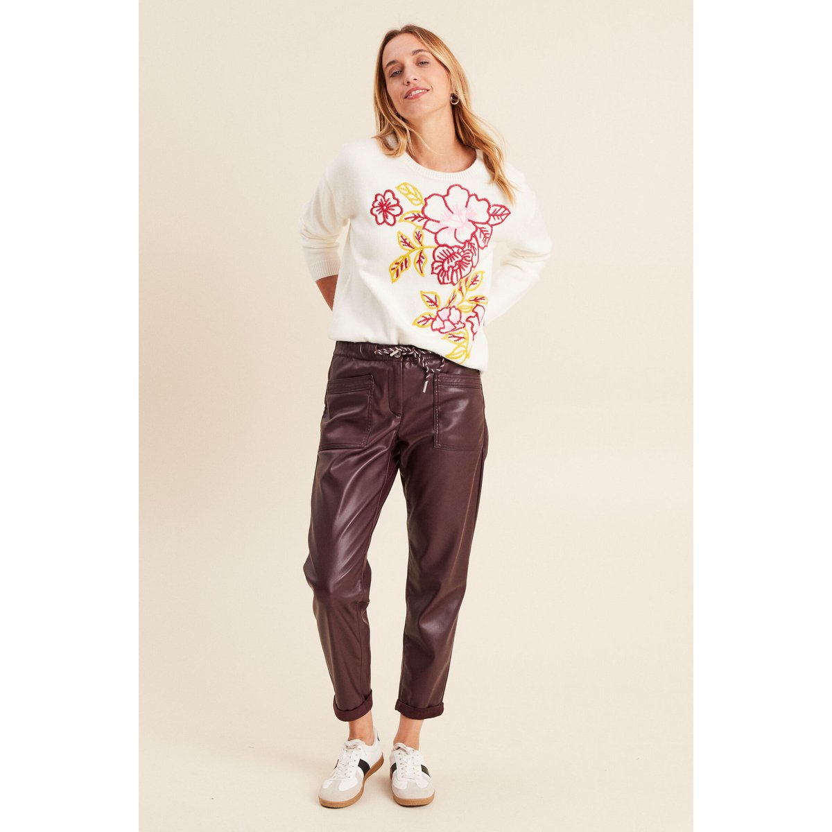 Pull brodé col rond manches longues rose framboise, BREAL