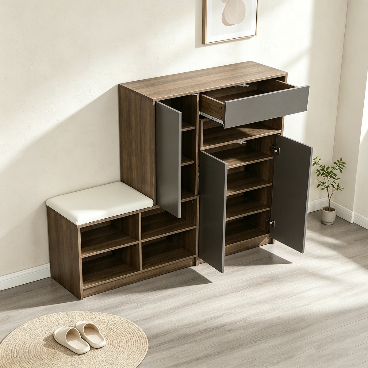 Meuble à chaussures avec banc et rangements, PORCH-B gris, MEUBLES COSY