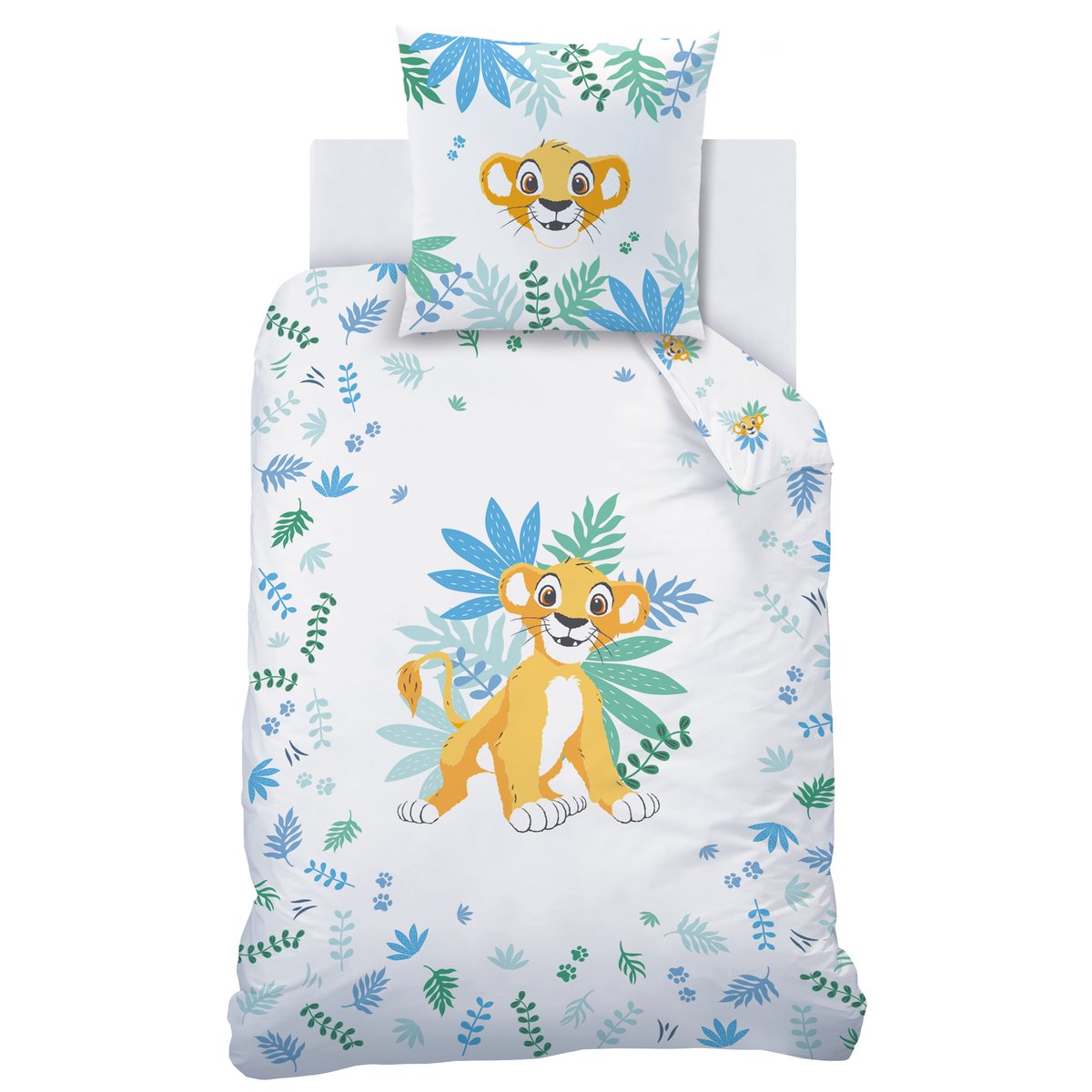 Parure de lit imprimée 100% coton, THE LION KING SIMBA blanc, jaune, DISNEY LE ROI LION