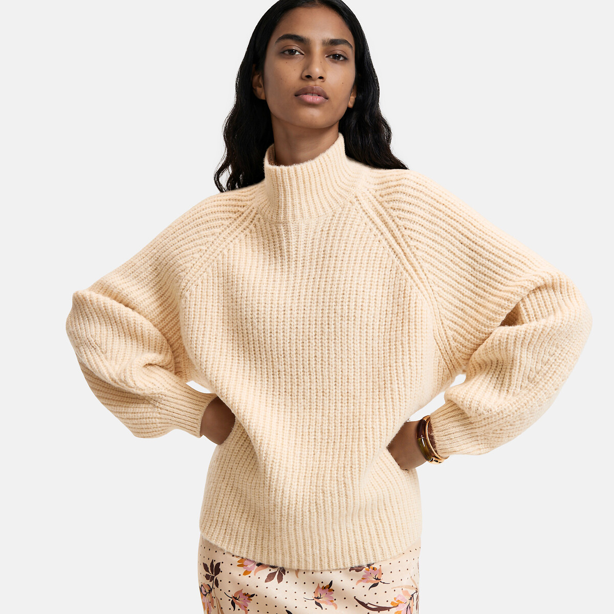 Pull loose côtelé, col montant ecru, LA REDOUTE COLLECTIONS