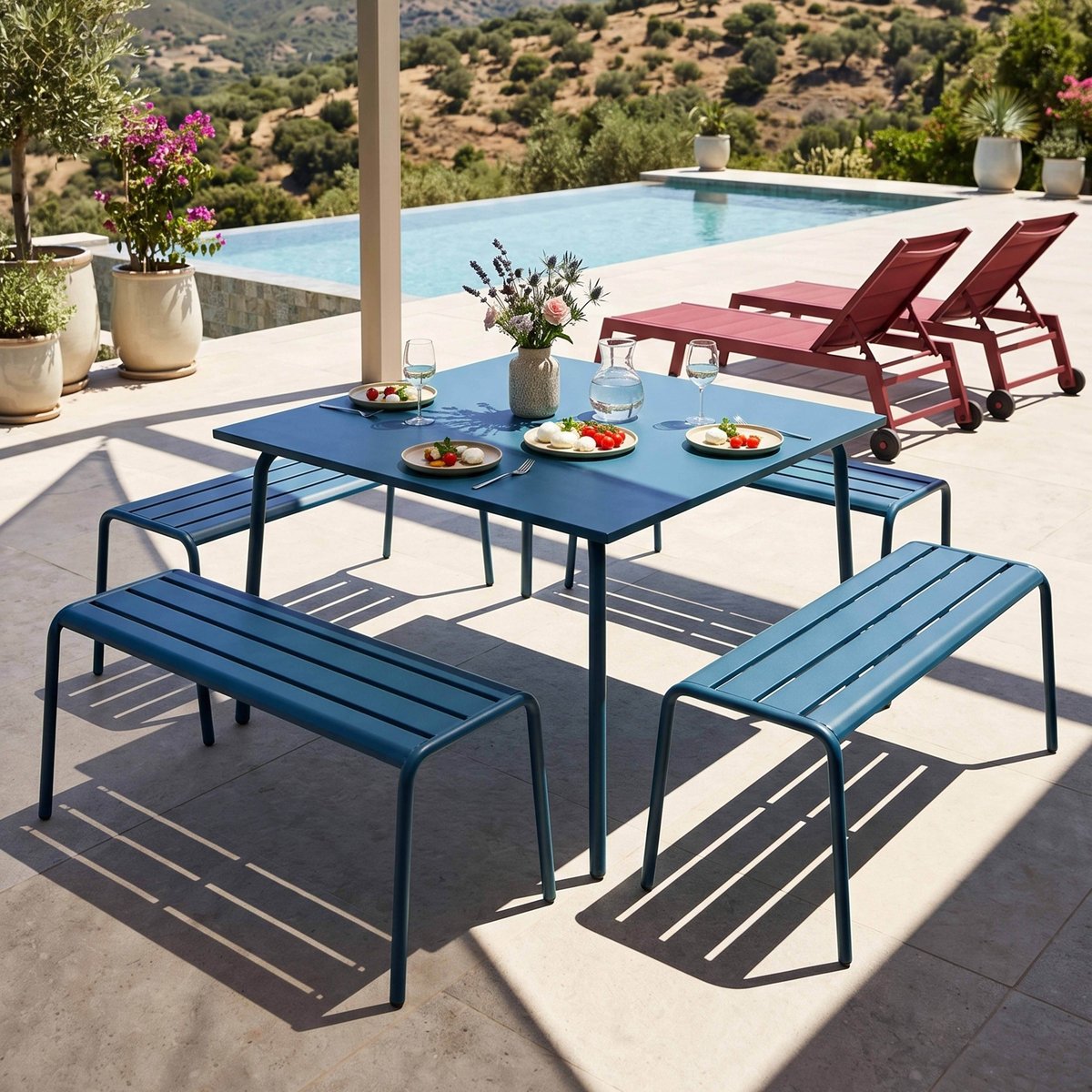 Salon de jardin table carrée et 4 bancs en métal, PALAVAS bleu pacific, OVIALA