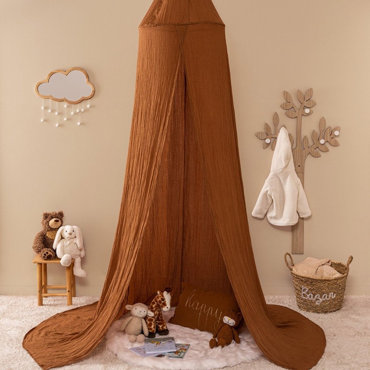 Ciel de lit double gaze de coton noisette orange, ATMOSPHERA