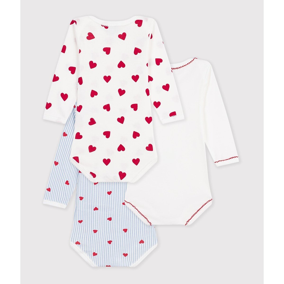 Lot de 3 bodies, emmanchures américaines, manches longues, coton, imprimé coeurs imprimé coeur, PETIT BATEAU
