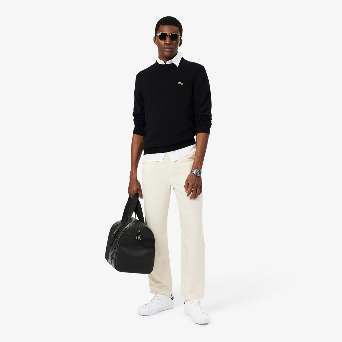 Pull coton uni col rond noir-031, LACOSTE
