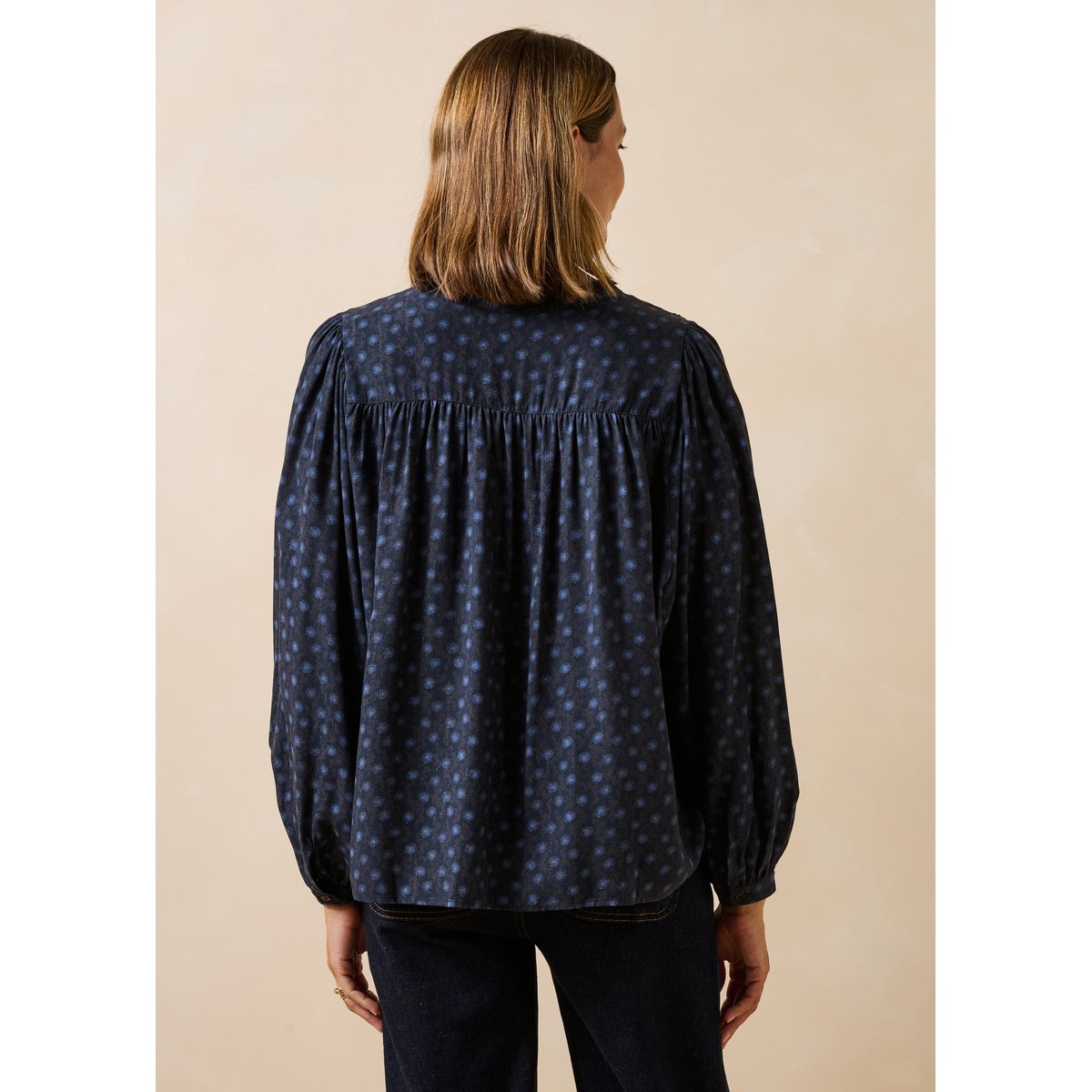 Chemise manches longues col mao à imprimé bleu, LA FEE MARABOUTEE