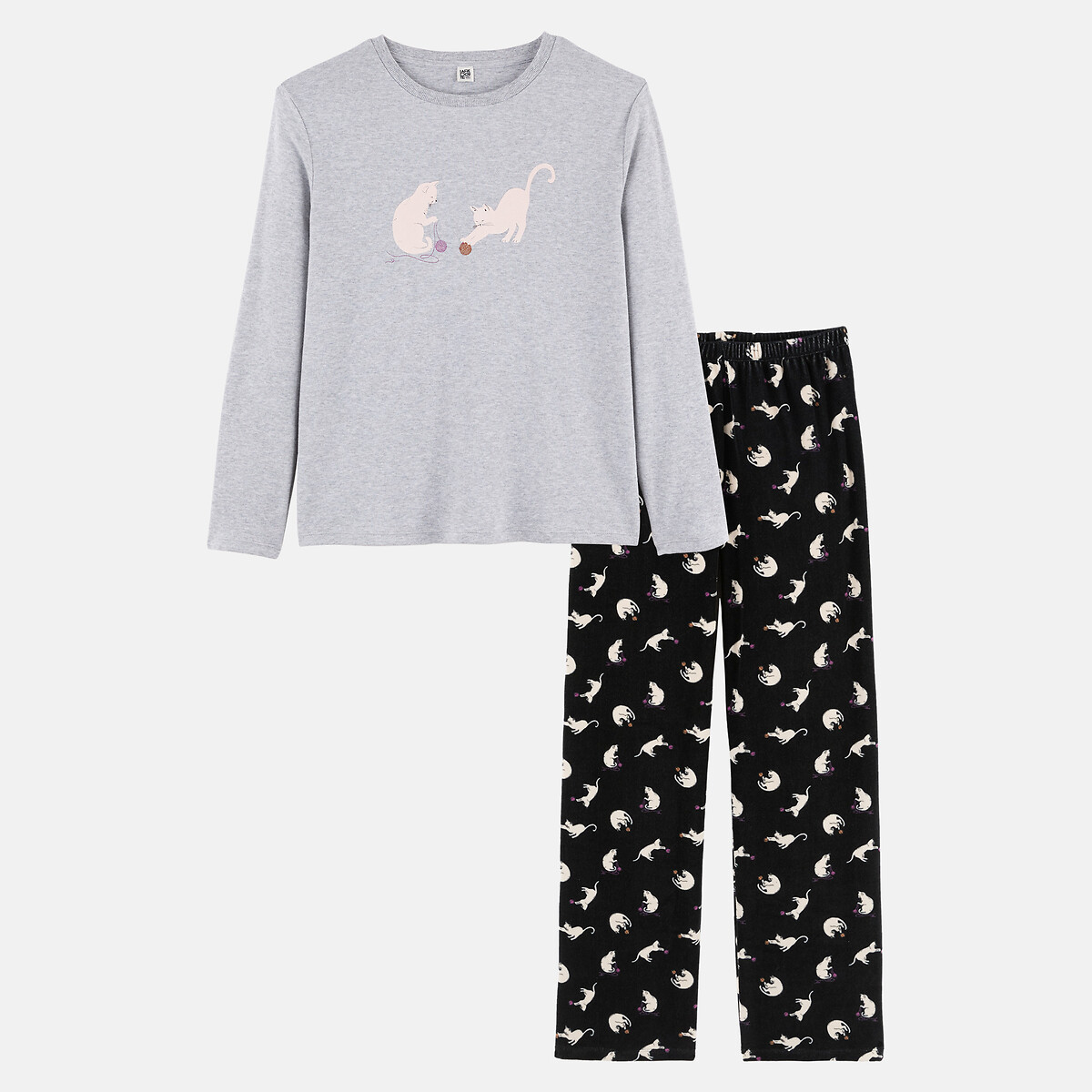 Cat print pyjamas with interlock t-shirt and velour trousers cat print, SO'HOME