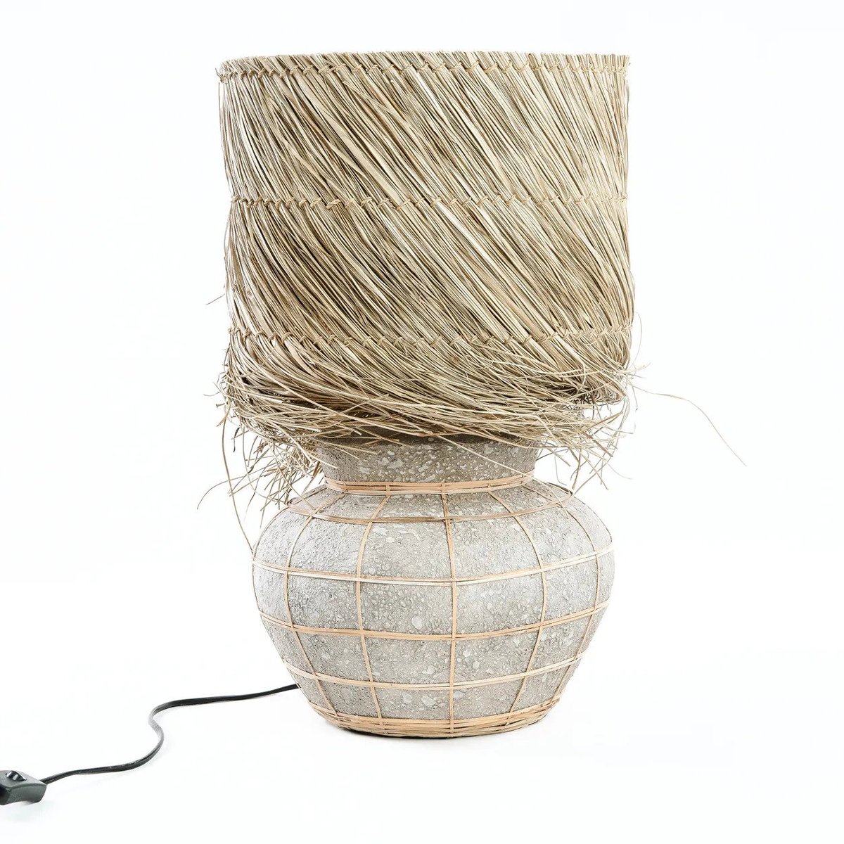 Lampe de table en terre cuite et herbe LIPSI béton naturel, BAZAR BIZAR