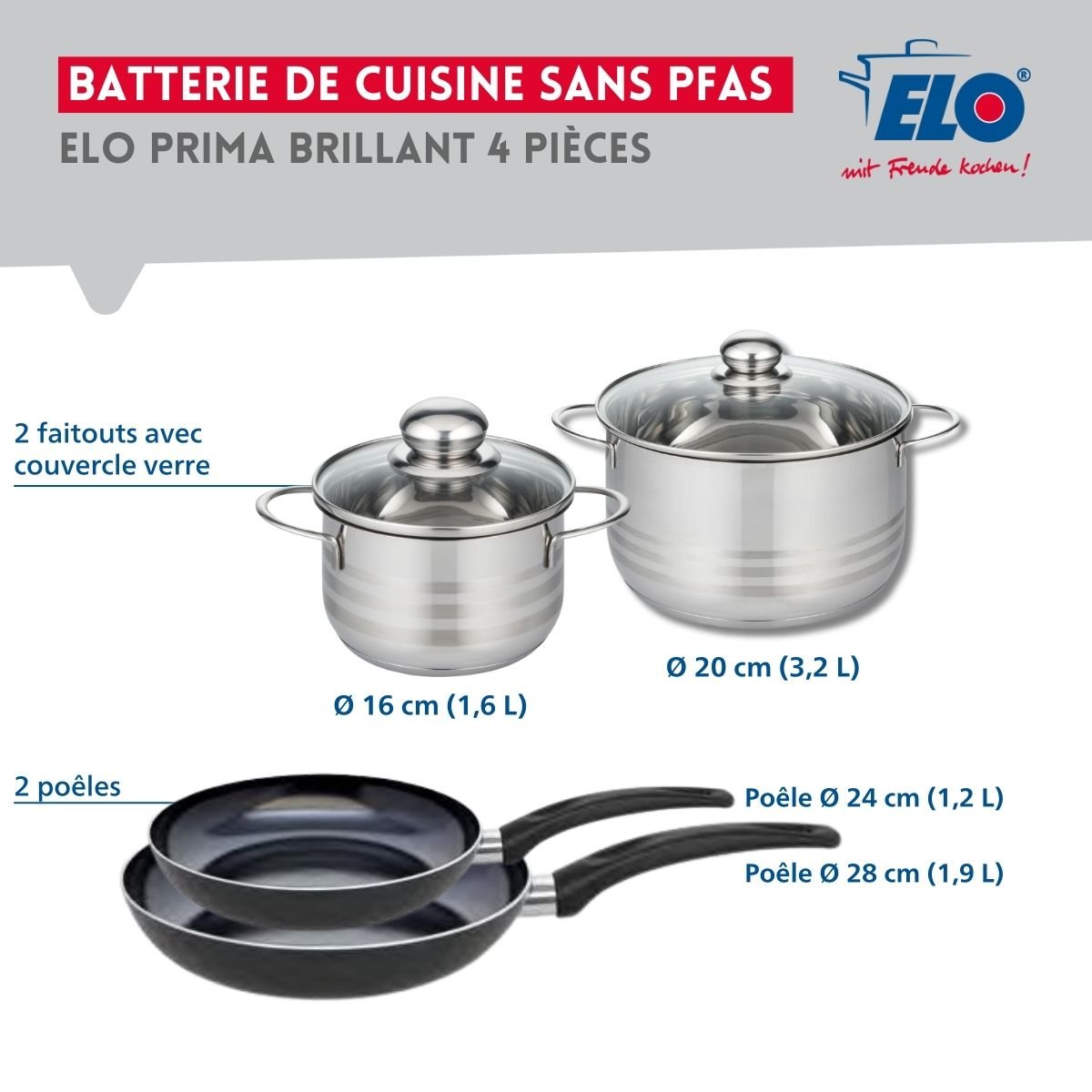 Batterie 2 poêles 24/28cm + 2 faitouts 16/20cm PRIMA BRILLANT noir, ELO