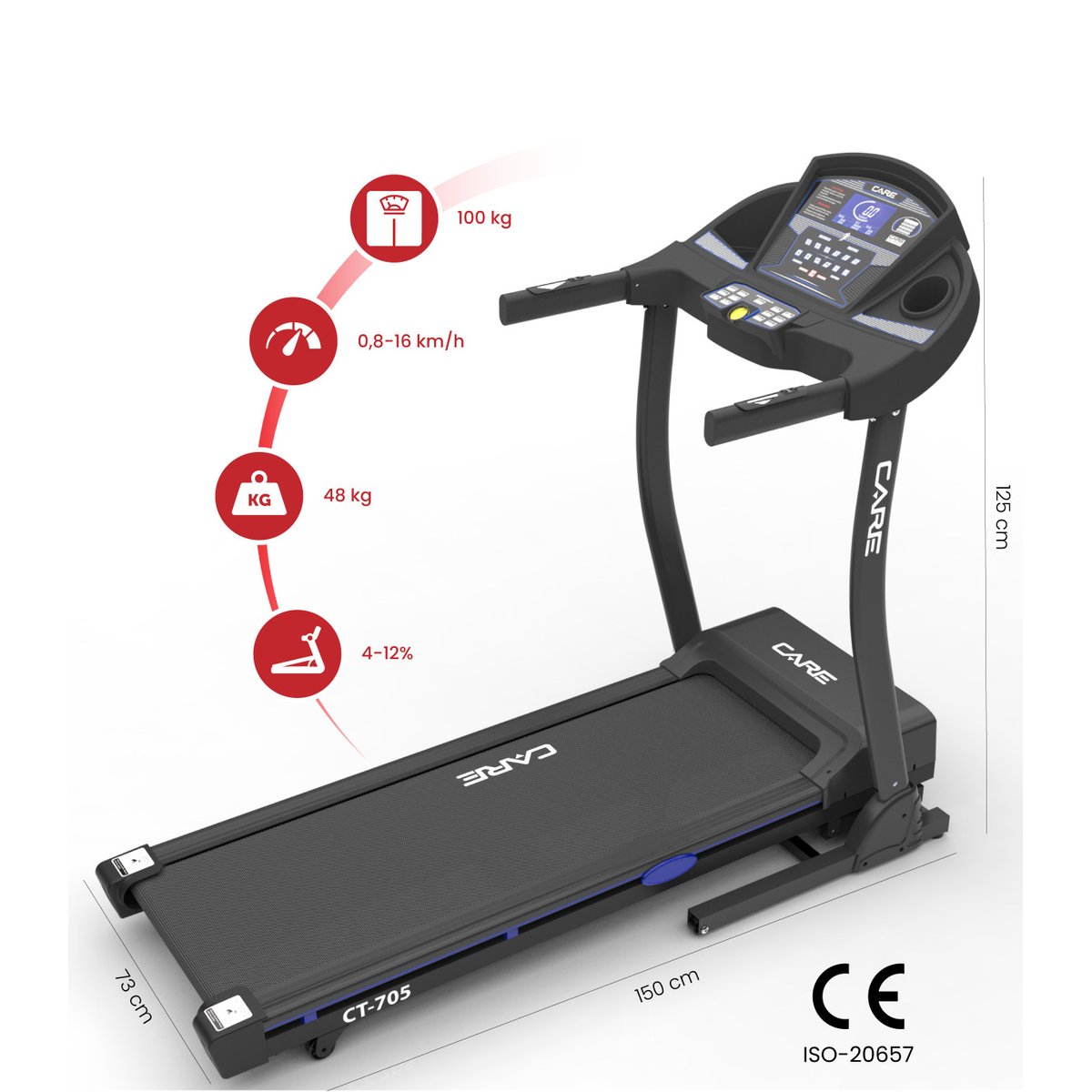 Tapis de course connecté - 16km/h - CARE - CT-705-3 - KINOMAP noir, CARE FITNESS