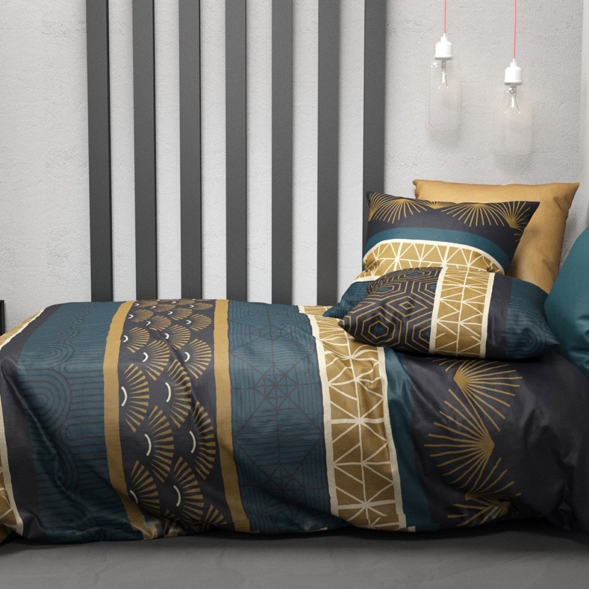 Housse de couette 240x220 Qobe + 2 taies coton 57 fils bleu, DECORATIE