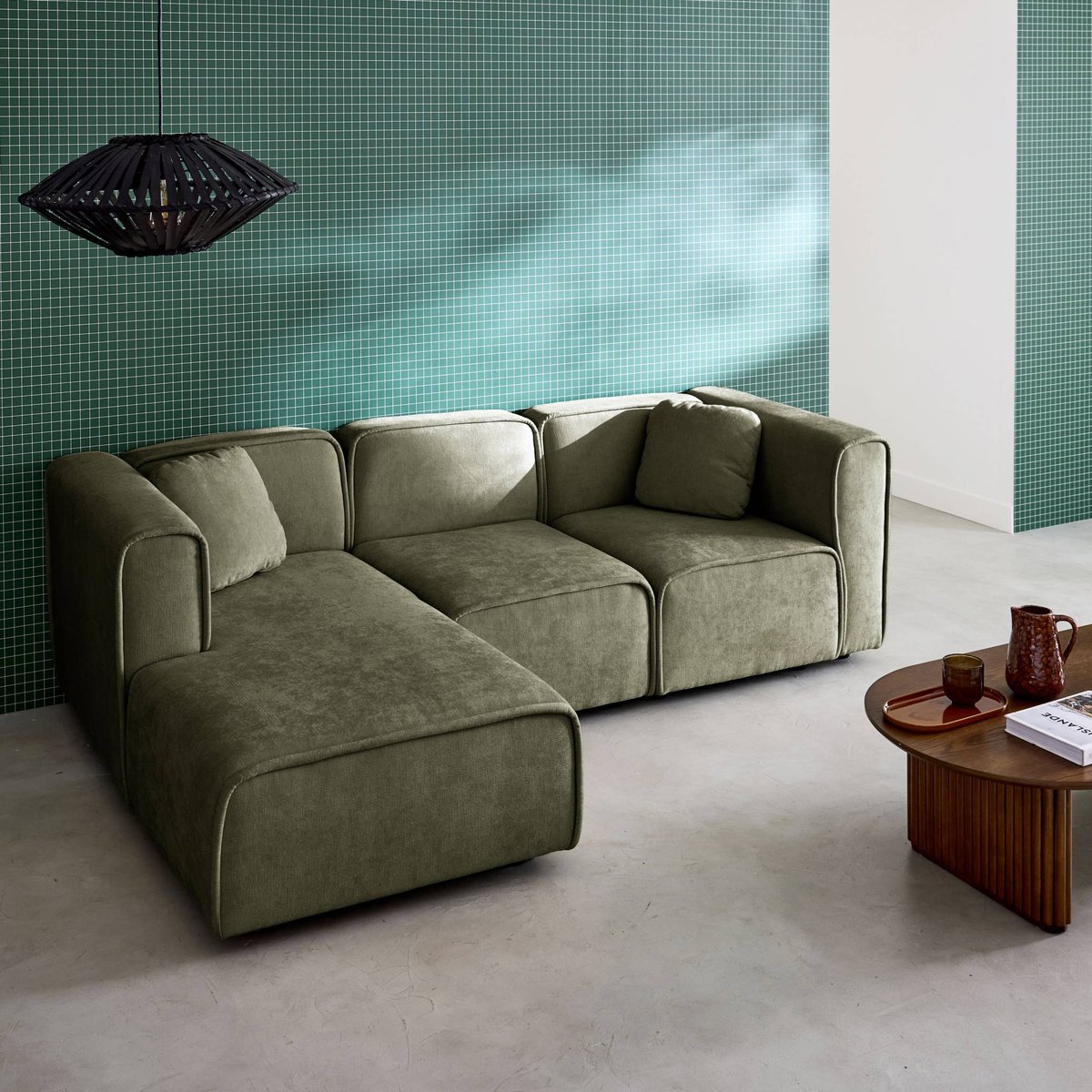 Canapé d'angle gauche 3 places tissu LESTER kaki, SWEEEK