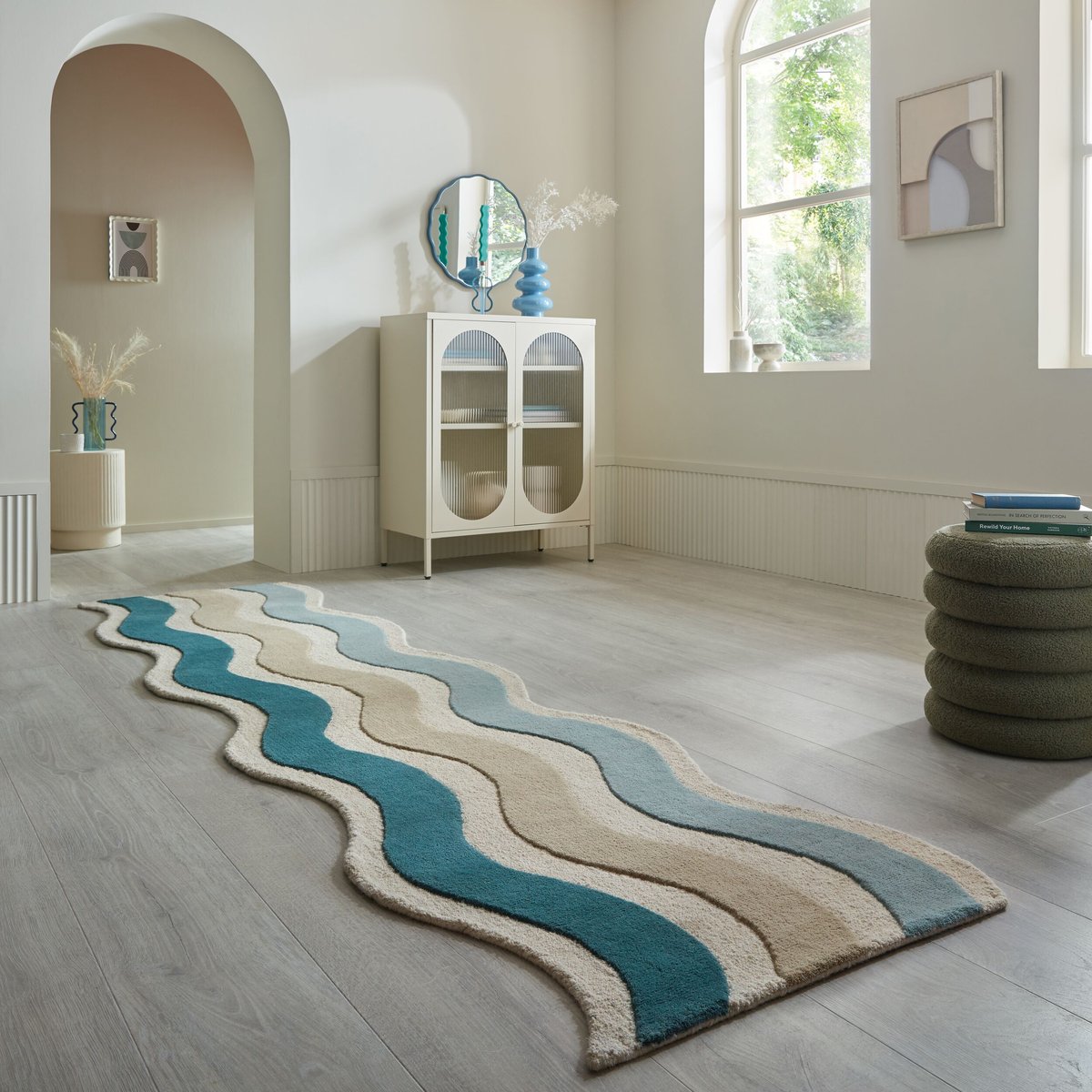 Tapis de couloir en laine festonné CASCADE bleu, FLAIR RUGS