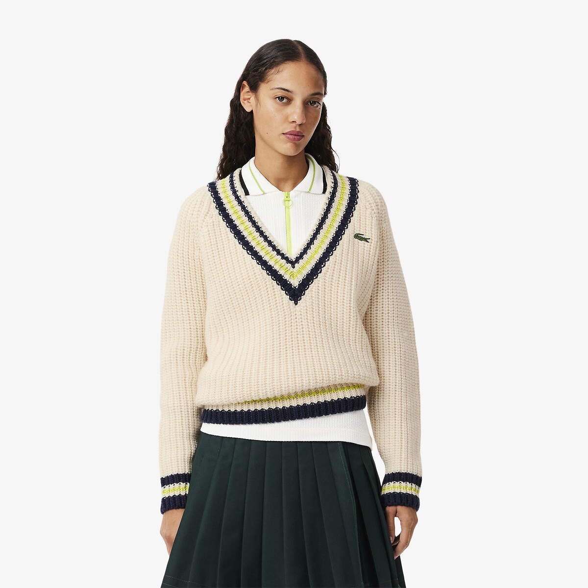 Pull tennis col V oversize en laine blanc-i63, LACOSTE