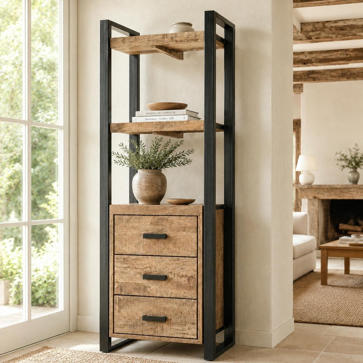Colonne rangement bois métal 3 tiroirs 2 plateaux KARGO bois naturel, PIER IMPORT
