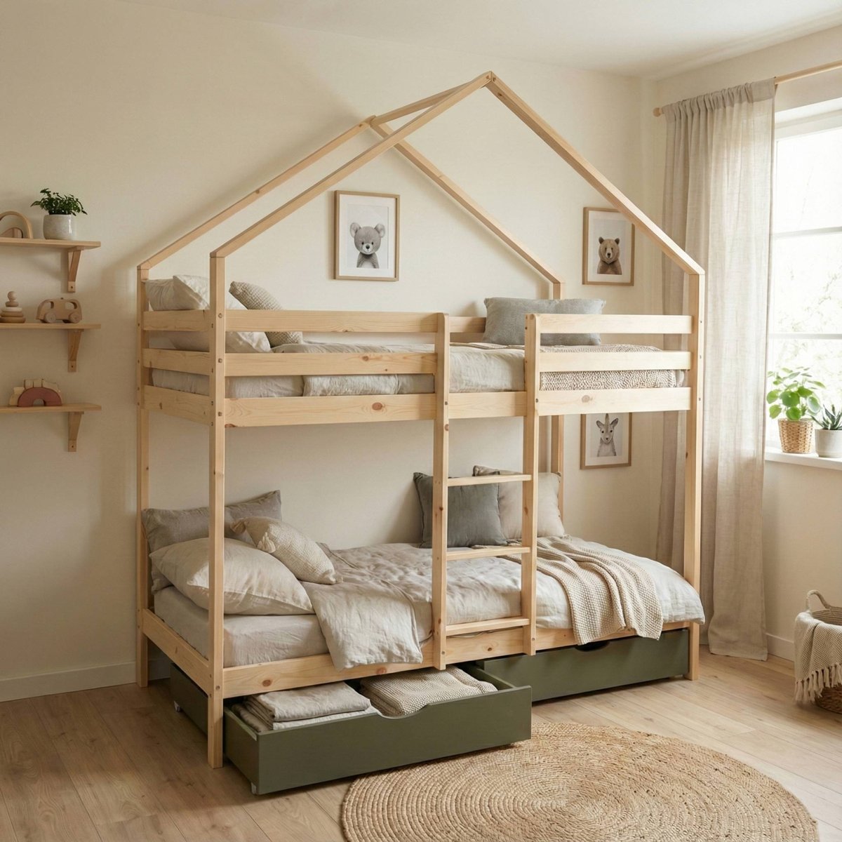 Lit enfant superposé cabane 90 x 190 cm pin naturel avec tiroirs de rangement ROYA blanc, SWEEEK