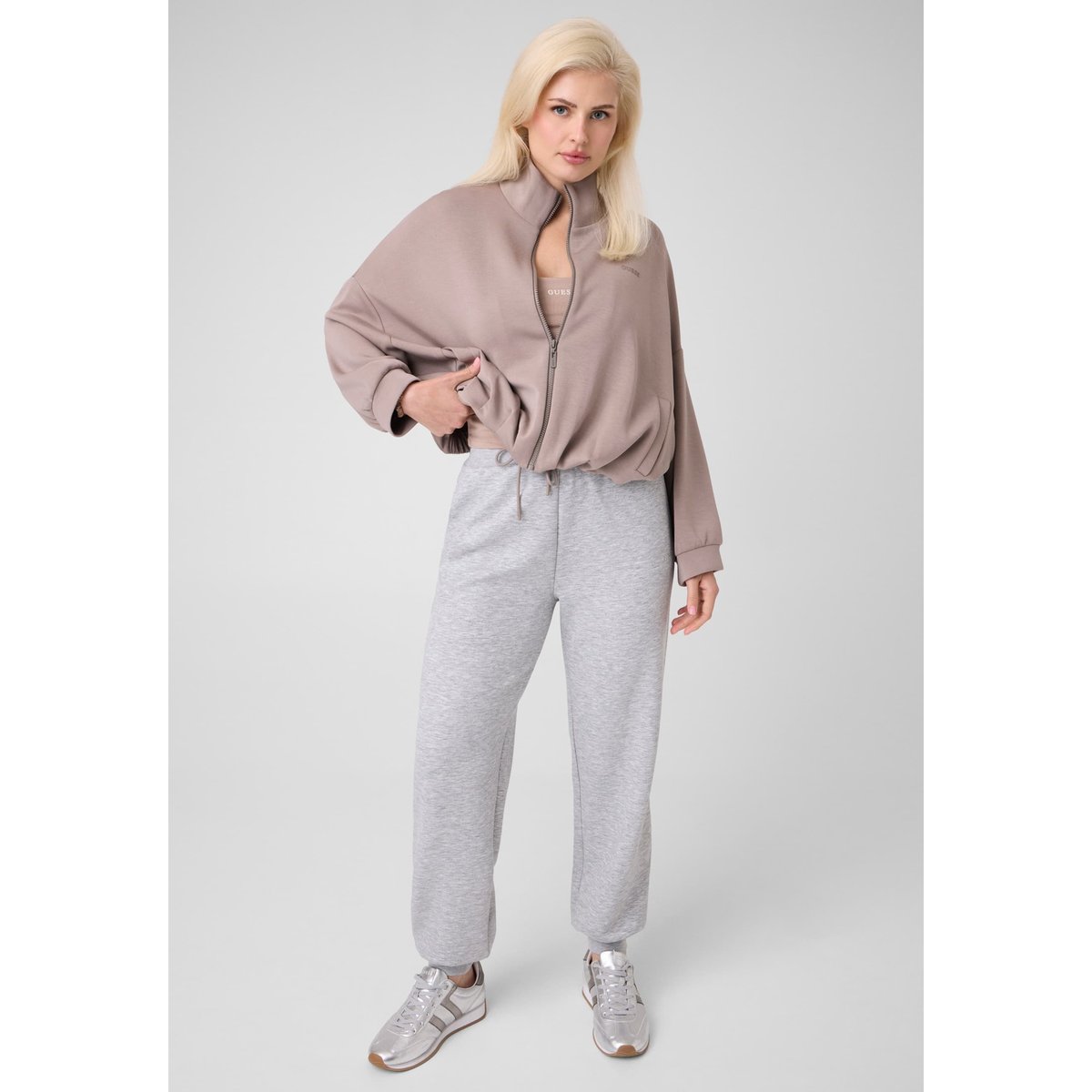 Sweat À Capuche Zippé Intégral beige, GUESS
